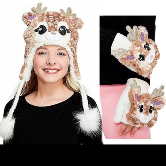 JUSTICE Girl's Deer Earflap Beanie Hat with Matching Gloves Set Cream One Sz EUC - Picture 1 of 15